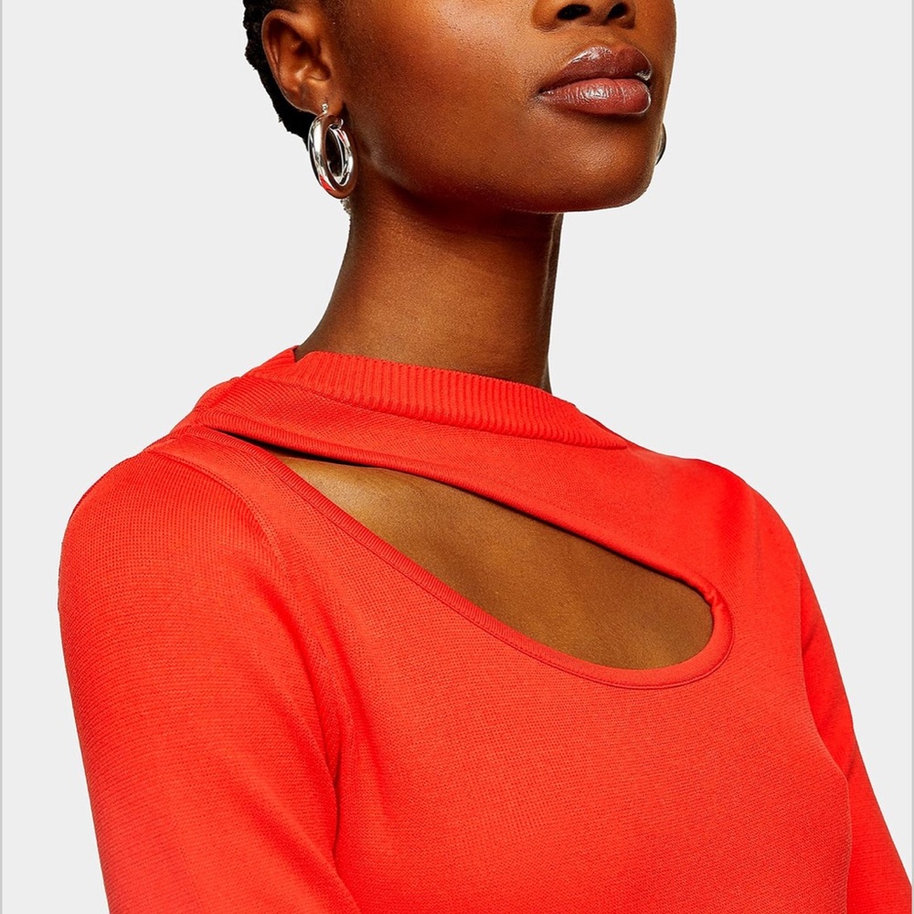 Topshop loop cut out cherry red sweater size M elegant understated dress up/down